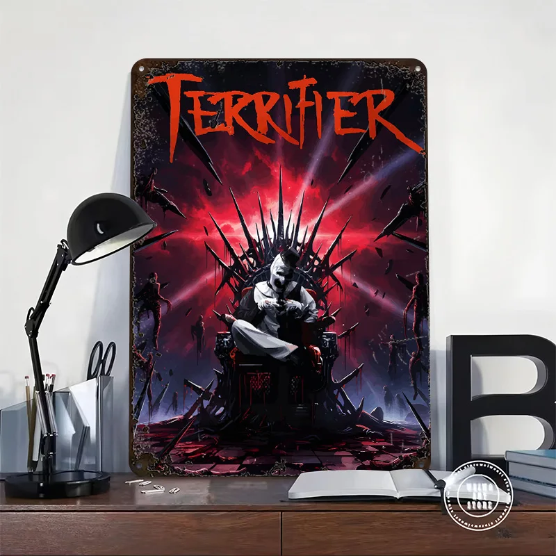 Terrifier: Art the Clown on Throne Poster Retro 3D Printed Metal Signs Customized Wall Hanging Gift for Room Decoration Items