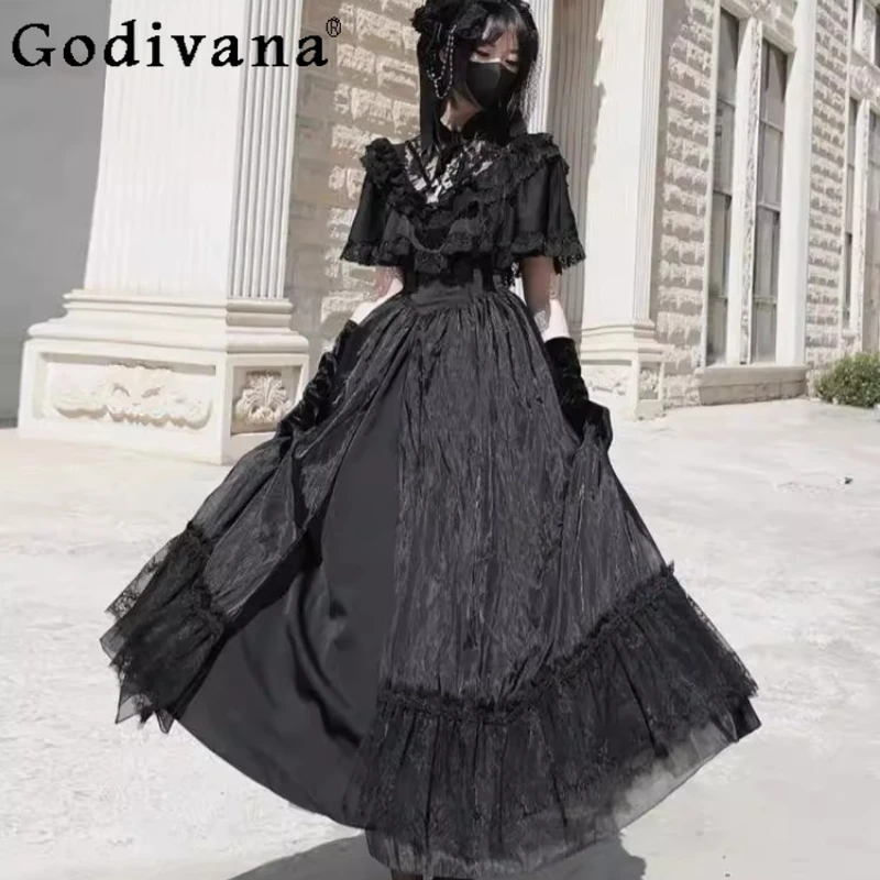 

Lolita Style Vintage Runaway Princess Dress Women's Elegant Lolita Vintage Waist Cinching Dress Girls Japanese Black Lace Dress