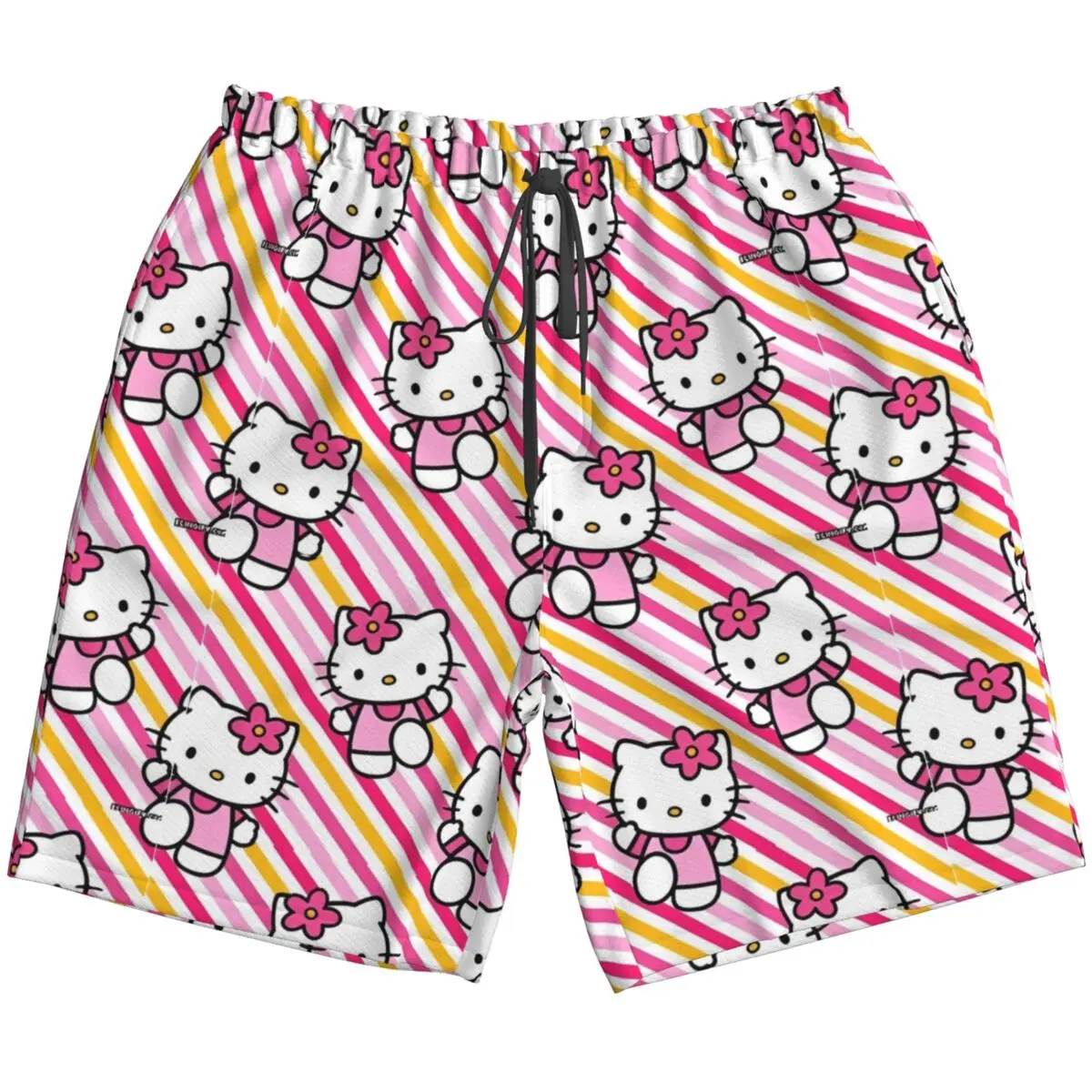 Mens Hello Kitty Swim Trunks Quick Dry Board Shorts with Mesh Lining Cartoon Hawaii Beach Shorts Swimwear Bathing Suits