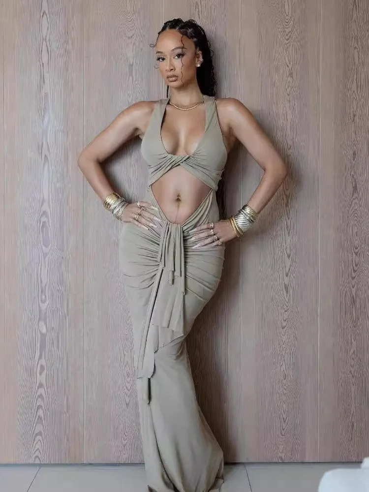 

Sexy Knot Hollow out Pleated Strapl Long Fi Tail Dr for Women High Waist Milk Fiber Summer Season Gown Hanging Ne