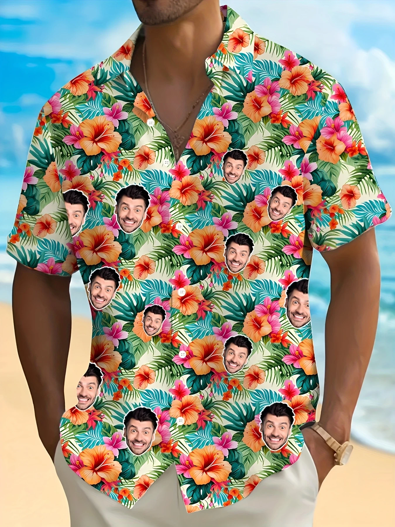 Custom Photo Hawaiian Shirt For Men Personalized Face Print Tropical Palm Tree Aloha Shirt Casual Short Sleeve Blouse For Party