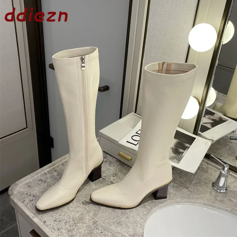 Sexy Elastic Ladies Long Booties Square Heel Fashion Pointed Toe Female Shoes Stretch Women Knee High Boots New In Autumn Winter