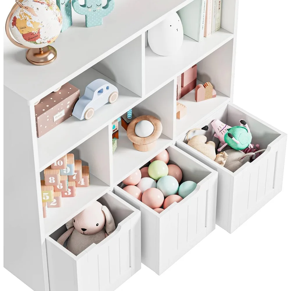 Toy Storage Organizer with 3 Movable Drawers, Floor Storage Cabinet Toy Chest with Hidden Wheels and Cubbies, bookshelves