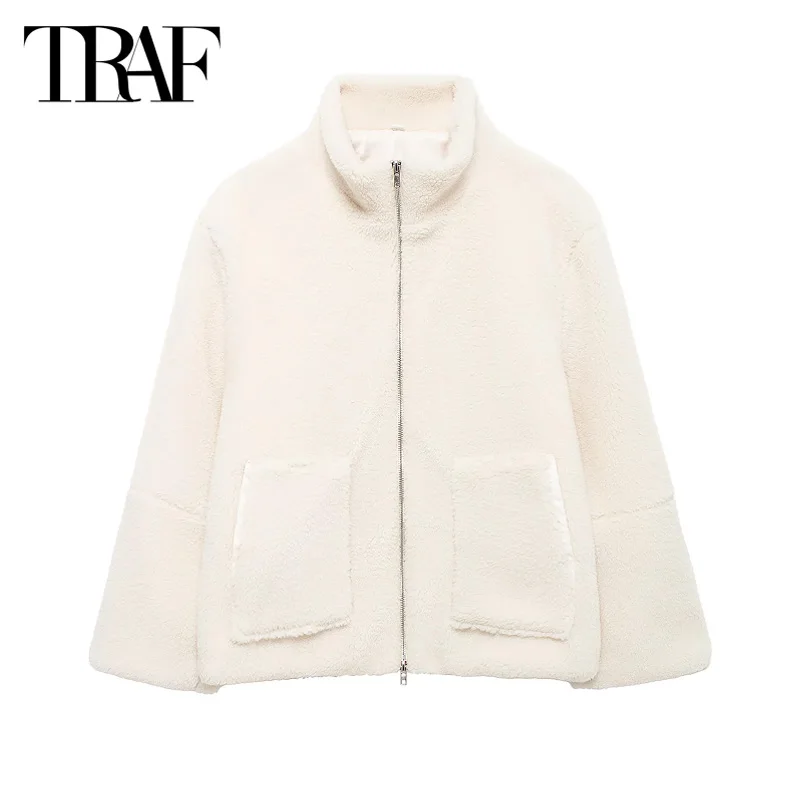 TRAF Women\'s Outerwears 2024 Autumn Winter Elegant Coats Ladies Fashion Casual Long Sleeve Fleece Beige Plus Size Winter Coats