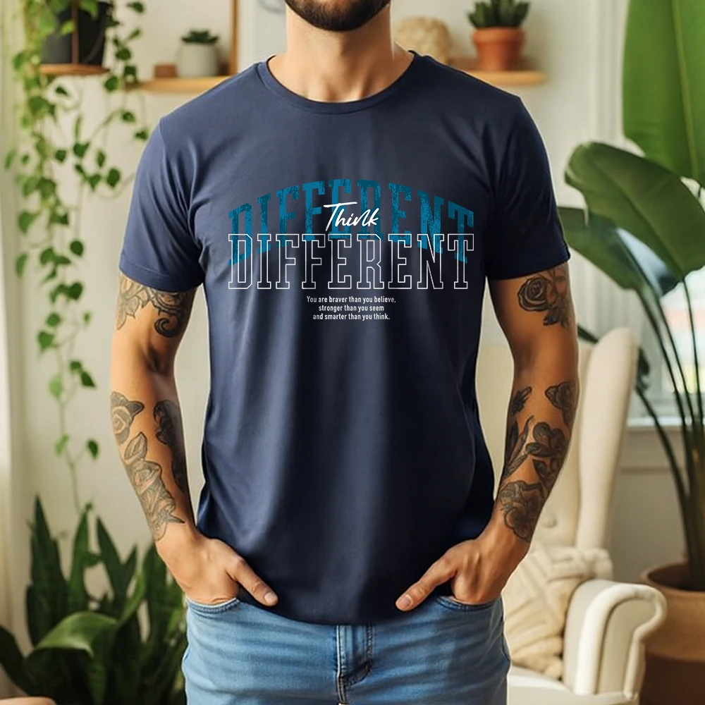 New Summer Mens 100% Cotton T Shirt Think Different Letter Print Casual Breathable Vintage Short Sleeve For Daily Wear