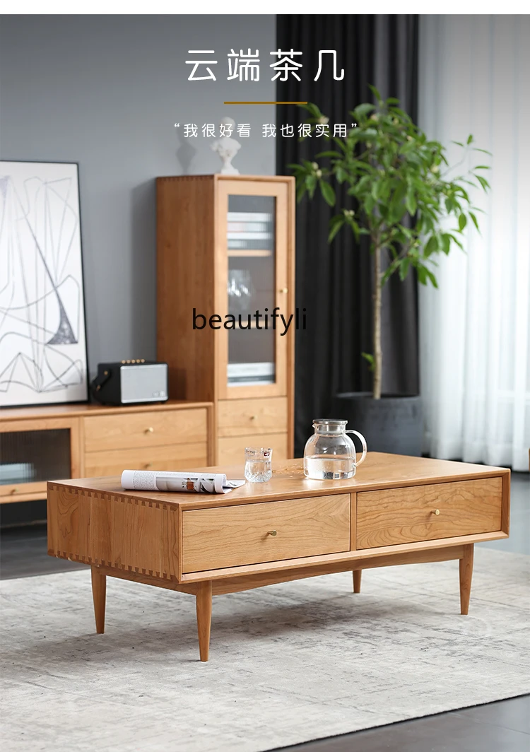 

A36 Nordic cherry wood coffee table solid wood living room furniture Japanese log oak drawer coffee table