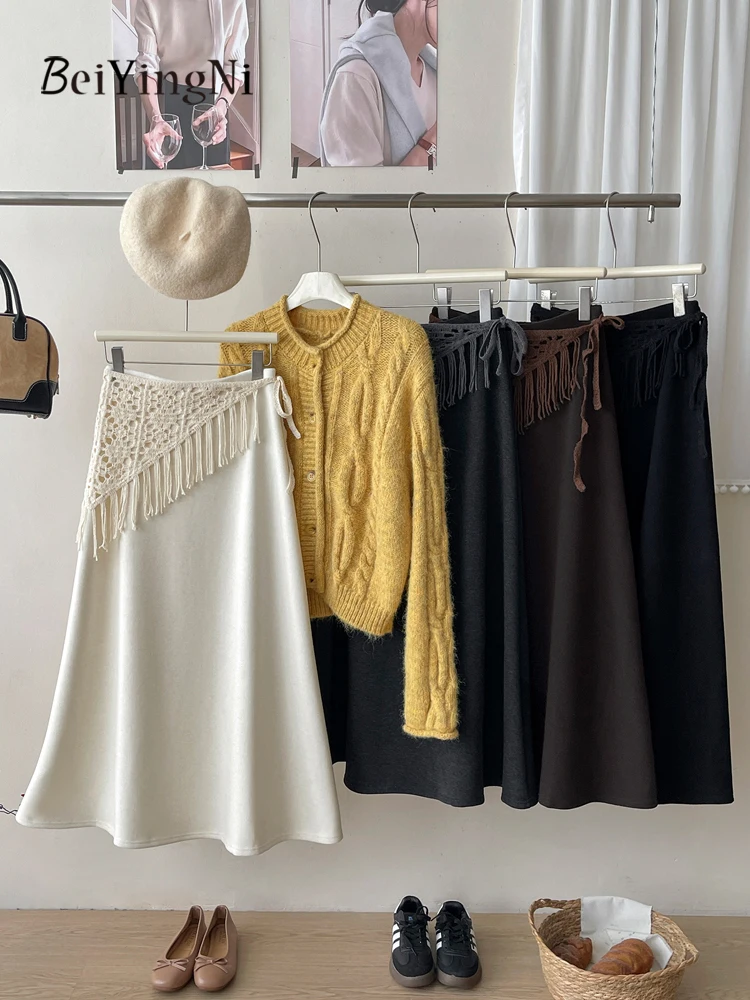 

Beiyingni Korean Style Women's Cashmere Fleece A-line Skirts Elegant Casual High Waist Midi Mermaid Skirt Apricot Thicken Faldas