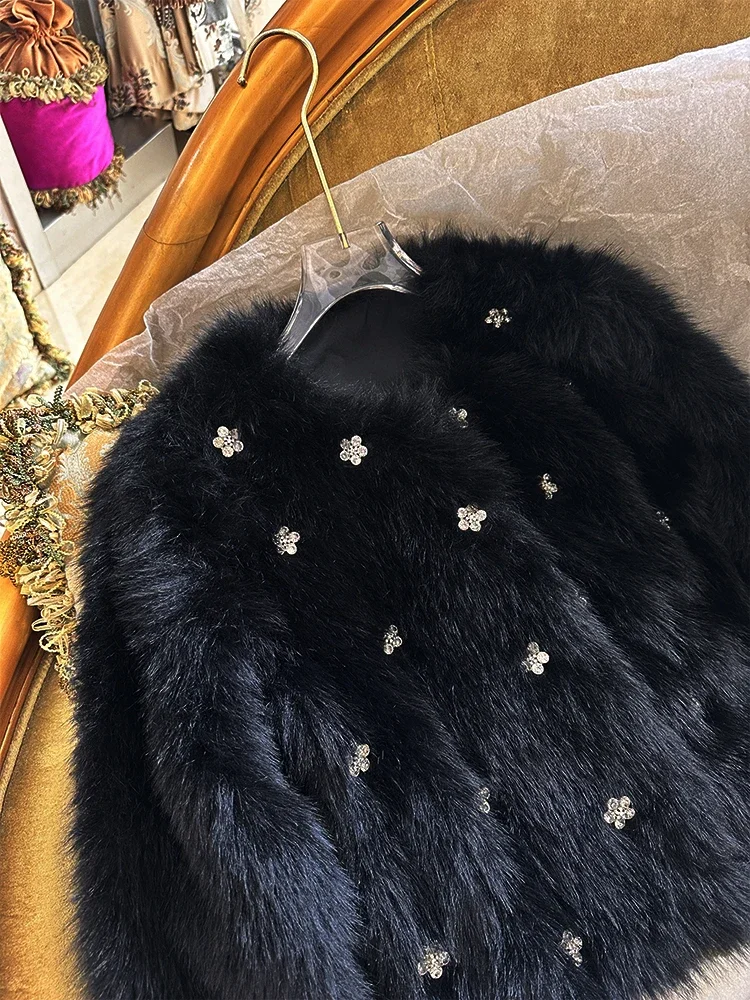 French Elegant Socialite Heavy Industry Diamond Round Neck Single-breasted Faux Fox Fur Coat Women Thick Warm Short Fur Jackets