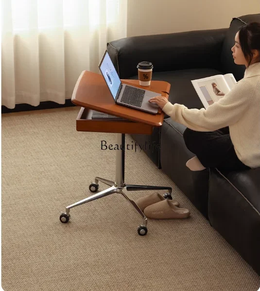 

3Solid wood lifting table desk small apartment mobile office retro