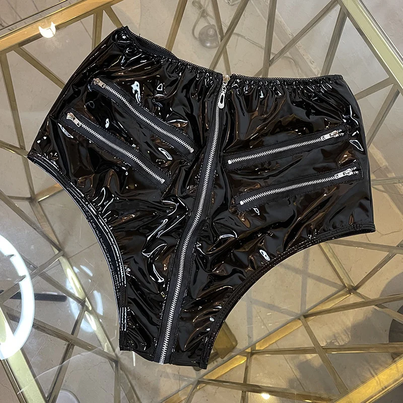 Sexy e Clube Preto Alto Destaque PVC Patente Couro Shorts, Zipper Open Sex Shorts, Boate, Plus Size S-XXXL, Verão