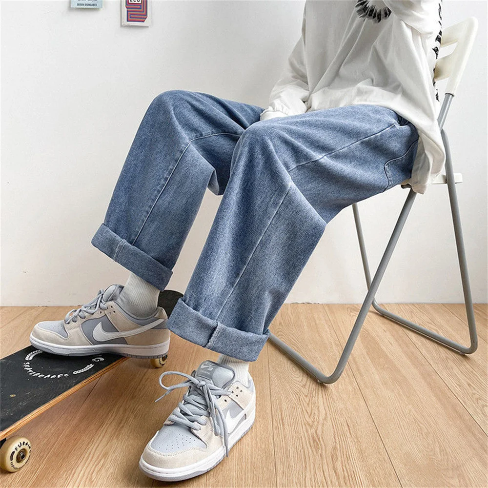 2026 Streetwear Hip Hop Light Blue Baggy Straight Wide Leg Loose Denim Jeans for Men Casual Trousers Men Jeans