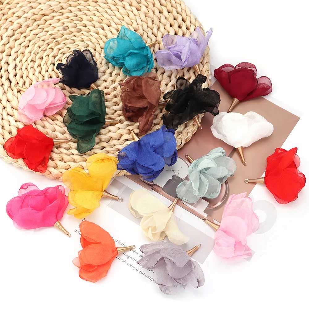 10Pcs/Lot 5cm Colorful Mesh Chiffon Flower Earrings Pendant For Ornament Making DIY Crafts Material Handmade Charm Accessories