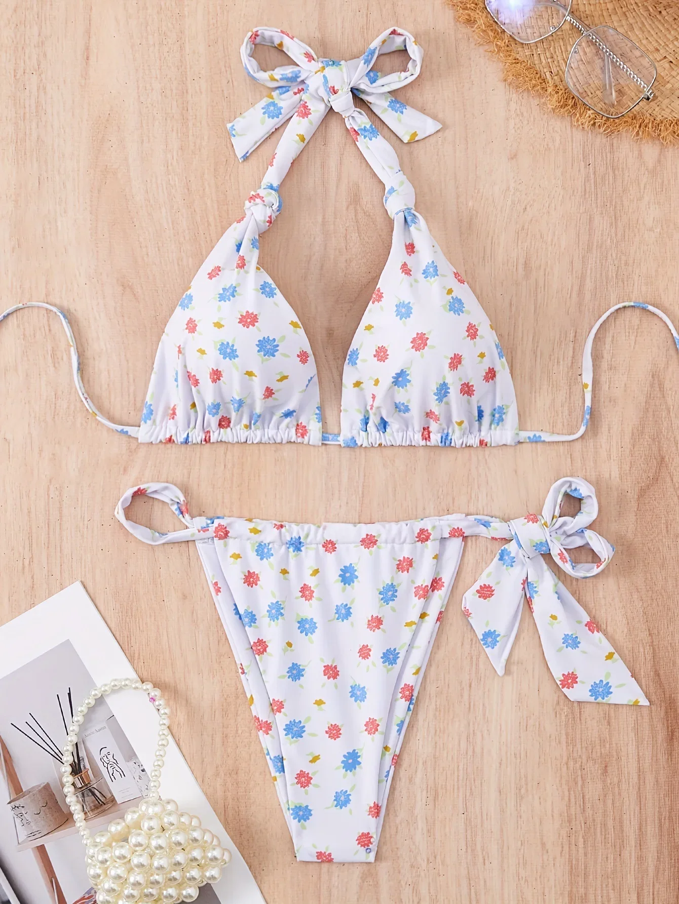 

Сексуальный комплект бикини с цветочным принтом на шнурке, комплект из двух предметов, купальник с галстуком-бабочкой на спине, купальный костюм, пляжная одежда, бикини