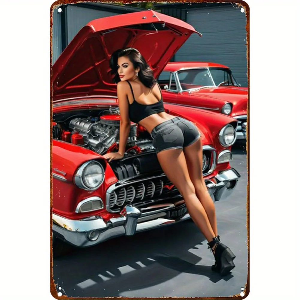8x12 Inch Retro Metal Tin Sign Pin-Up Girl & Classic Car Wall Art Man Cave Decor
