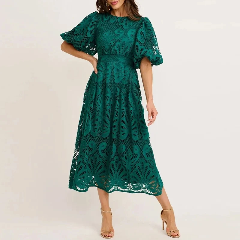 

Elegant Lady High Waist Pleated A-line Dress 2026 New Hollow Out Puff Sleeve Evening Dress Fashion Solid Color Lace Party Dress