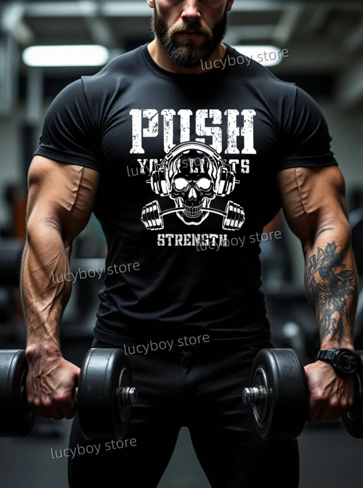 Men T-Shirt STRENGHT PUSH Training Sportswear T-Shirt  Quick Drying T-Shirt Casual Streetwear Tops Round Neck GYM TeeMen Clothes