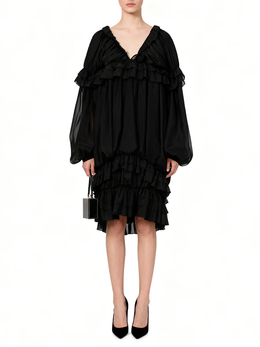 ชุดเดรสทรงหลวมแบบเรียบหรูสำหรับผู้หญิง คอวี แขนยาวทรงโคมไฟ ดีไซน์ทันสมัยสำหรับฤดูร้อน เหมาะสำหรับงานปาร์ตี้ ชุดเดรสจับจีบ สไตล์แฟชั่นสำหรับผู้หญิง