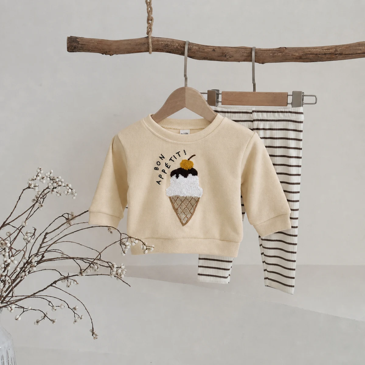 Sweet Baby Girl Ice Cream Towel Embroidery Set, Infant Pink Yellow Ribbed Sweatshirt Striped Leggings 2Pcs Outfit