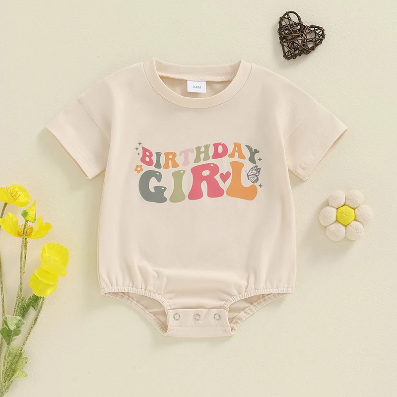 

2024-04-24 Lioraitiin Baby Girl Birthday Romper Short Sleeve Round Neck Letter Print Bodysuit Little Girl Playsuit