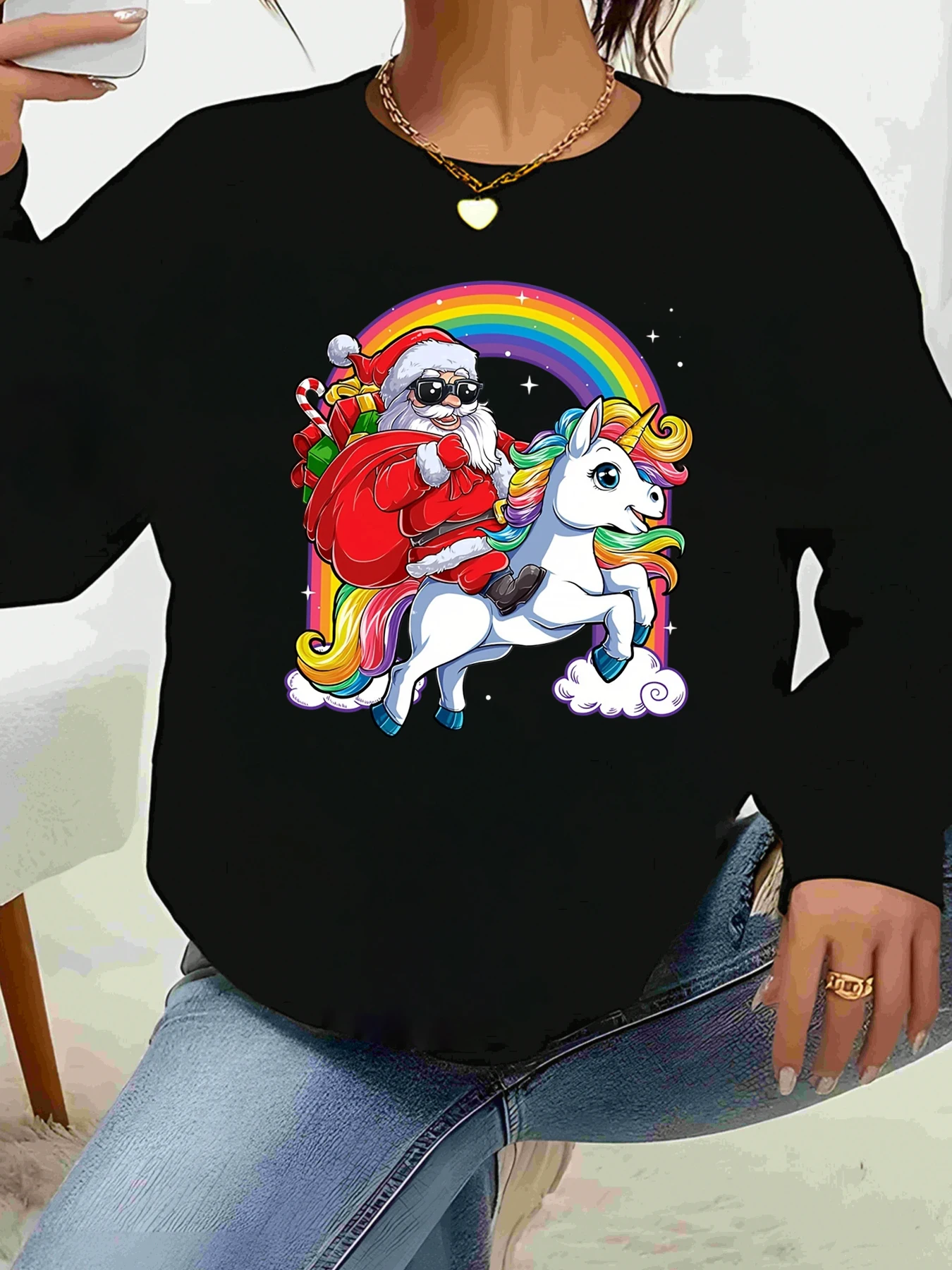 سانتا ركوب يونيكورن قوس قزح عيد الميلاد طباعة طويلة الأكمام أعلى عطلة حزب المرأة عارضة ارتداء