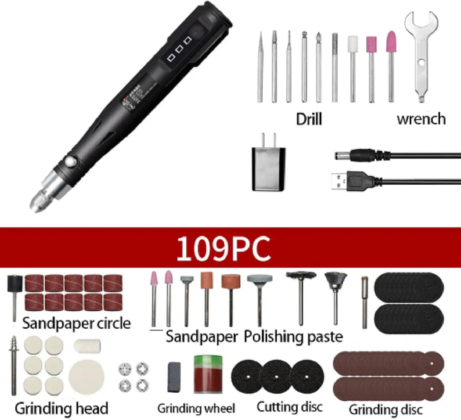 Mini USB Rotary Tool Kit 5V with 109 Accessories, USB Charging and 3-Speed Mini Nail Drill for Trimming, Cutting, Drilling, Etch