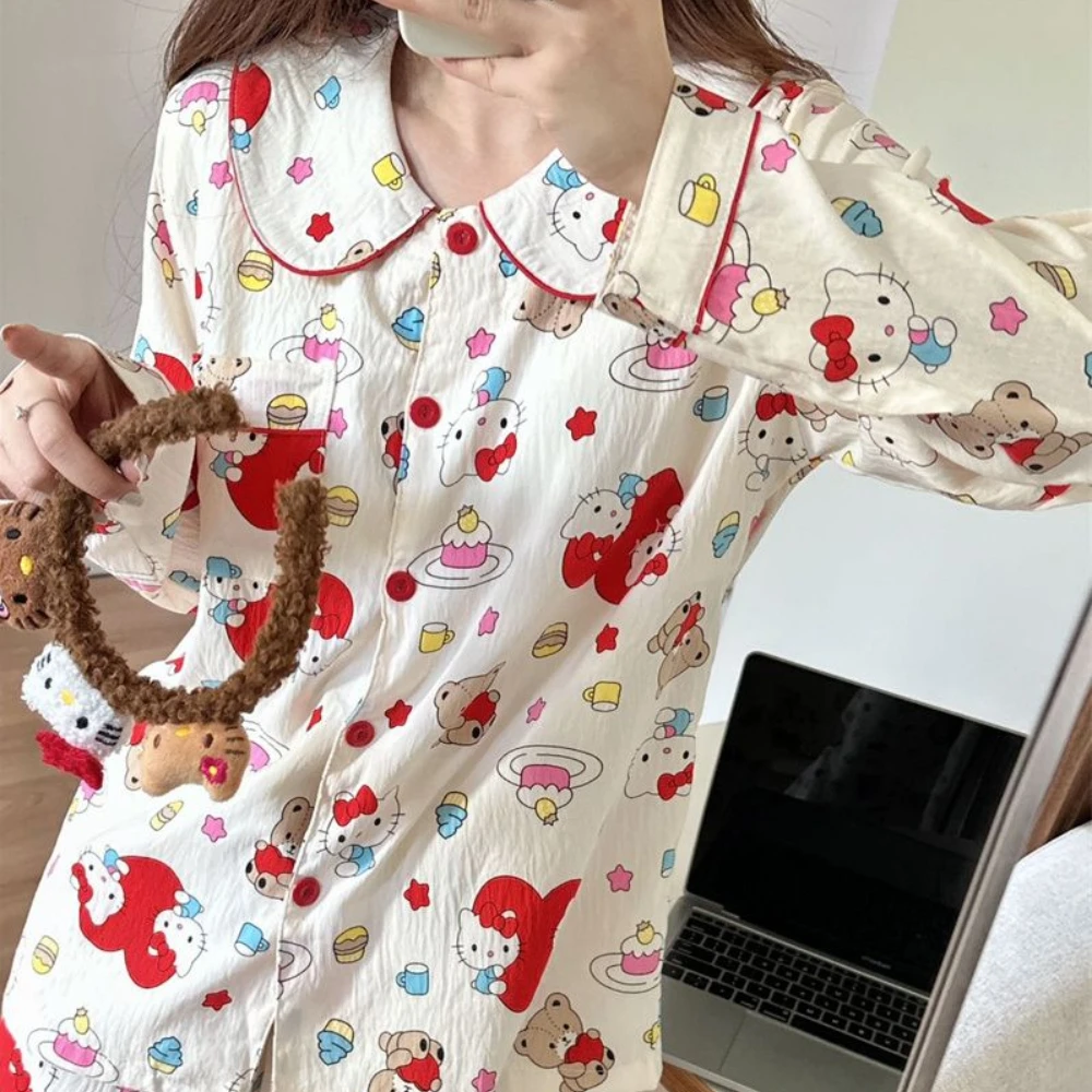 Miniso Hello Kitty Pajamas Women's Pure Cotton Printed Long Sleeved Pants Coat Spring and Autumn Cartoon Dopamine Home Clothes