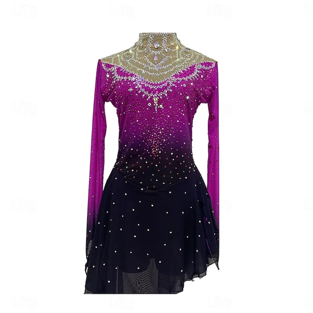 Figure Skating Dress Women Patchwork Thumbhole Stretchy Training Practice Professional Skating Wear Thermal Crystal/Rhinestone