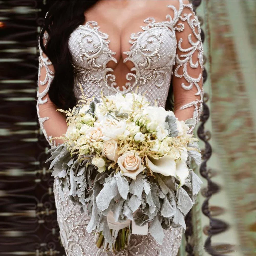 Vestidos de Novia de sirena de encaje blanco, vestidos de Novia de tul de manga larga con escote en forma de corazón, Vestido largo de lujo con apliques de África para mujer, Vestido de Novia