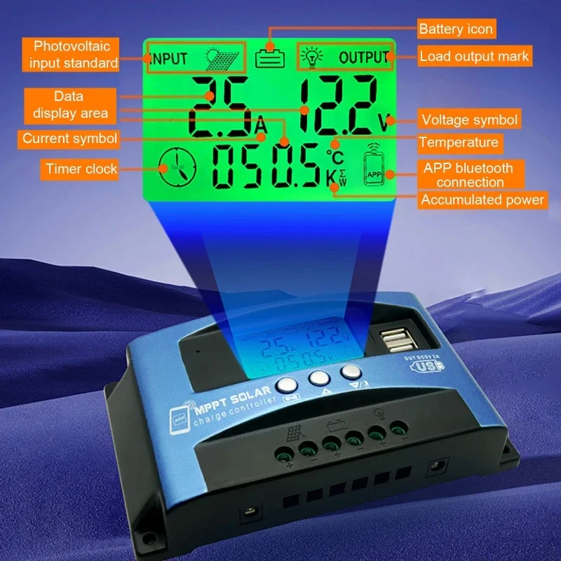 Solar Charge Controller 12V 24V 36V 48V 60V MPPT bluetooth LCD Display Dual USB For Lead-acid Lithium Battery 100A 60A 40A 30A