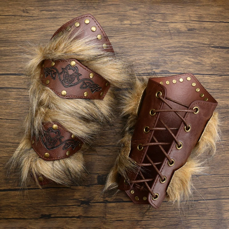 1pc Medieval Wrist Guards Armor Faux Fur Leather Wristband Bracelet Knight Warrior Bracers Arm Guard Halloween Cosplay Props