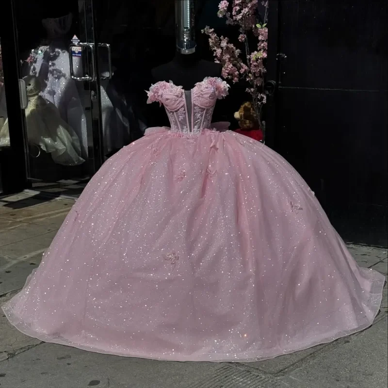 ANGELSBRIDEP-vestidos Glitter Quinceanera, aplique lantejoulas, arco traseiro, trem da capela, espartilho, vestido de formatura, 15 anos, rosa