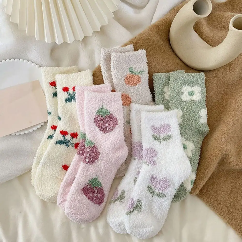 Cute Thickened Coral Fleece Socks Flower Strawberry Sleeping Floor Plush Socks Winter Hosiery Warm Socks Women For Girls