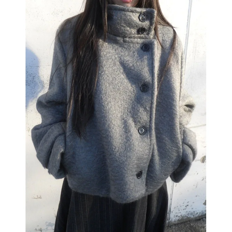 Y2k minimalist niche style loose high neck cardigan woolen coat Korean style outfit ins women's autumn and winter