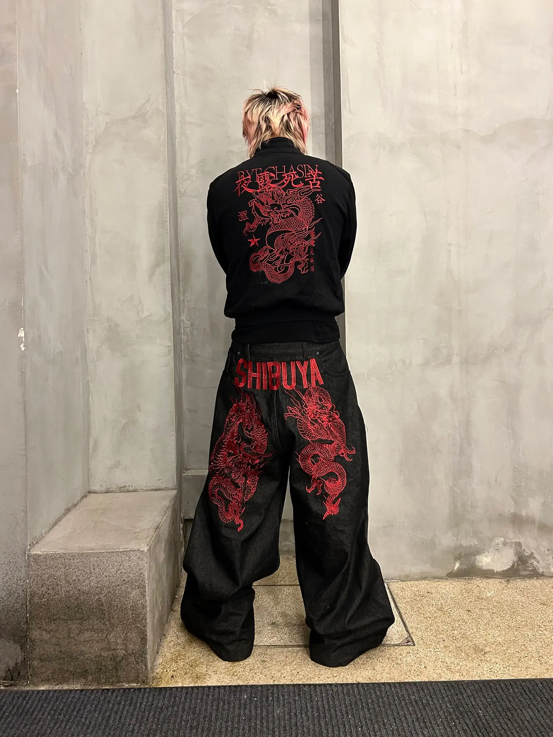 

Original Color Dragon Embroidery Heavy Industry Denim Jeans Double-Sided Wear Youth Faion Wide Leg Pants Cotton 00%