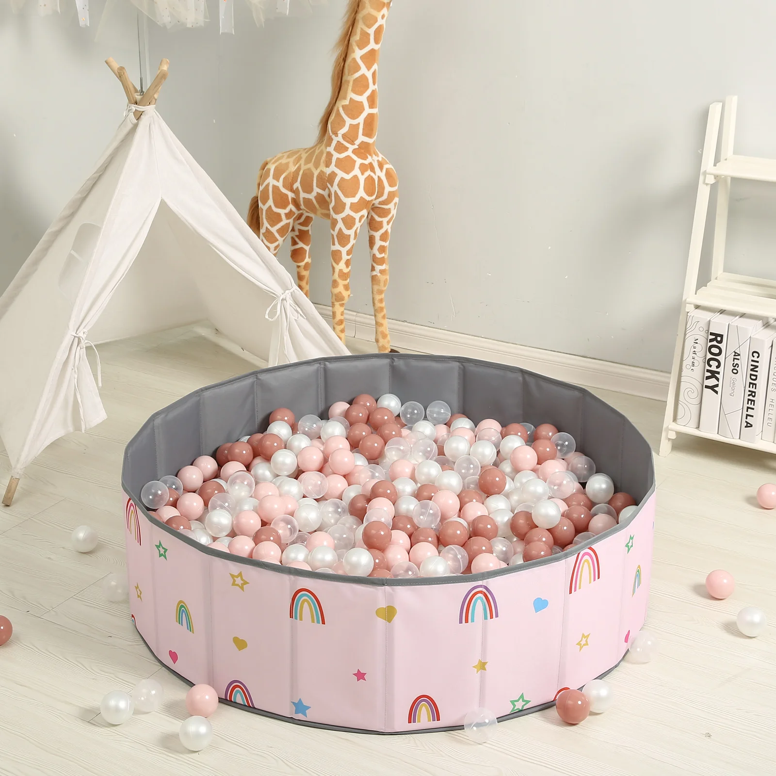 1 PC 100 ซม.แบบพกพา Ball PIT Pool สีชมพูรูปแบบ (ไม่มีลูก) ผ้า Oxford รอบเล่นในร่มและกลางแจ้งสําหรับเด็กเด็ก