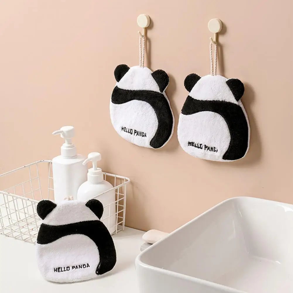 Hand Towel with Lanyard Cartoon Animal Water Absorption Coral Fleece Cute Panda Shape Child Terry Towel Bathroom Gadget