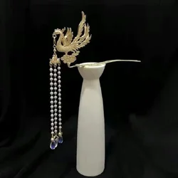 Antique Gold Plated Metal Phoenix With Long Tassel Hair Stick  Hanfu Headdress