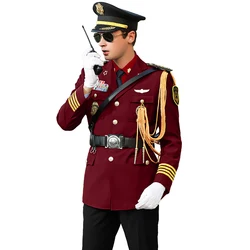 New Arrival Mens Captain Uniform Pilot Costumes Suit Male Wine Red Security Work Clothes Business Casual Formal Wear