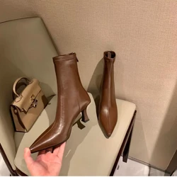 2024 Women Ankle Boots Genuine Leather Office Lady Shoes Woman Pointed Toe Thin High Heels Autumn Stretch Size 35-39