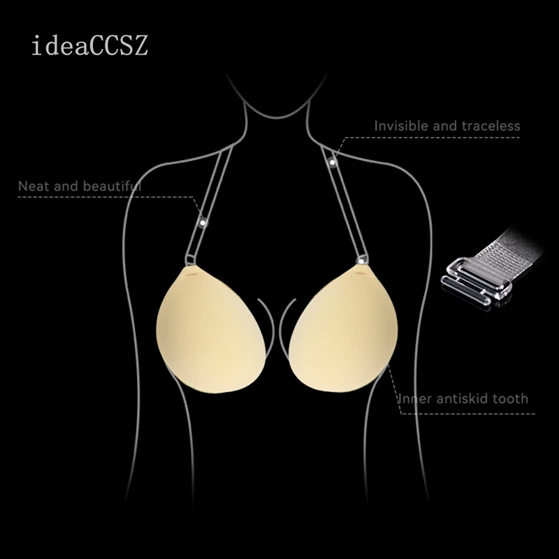 Sticky Adhesive Bras for Women Invisible Bare Back Lift Strapless Sexy Plunge Lingerie Push Up Underwear with Transparent Straps