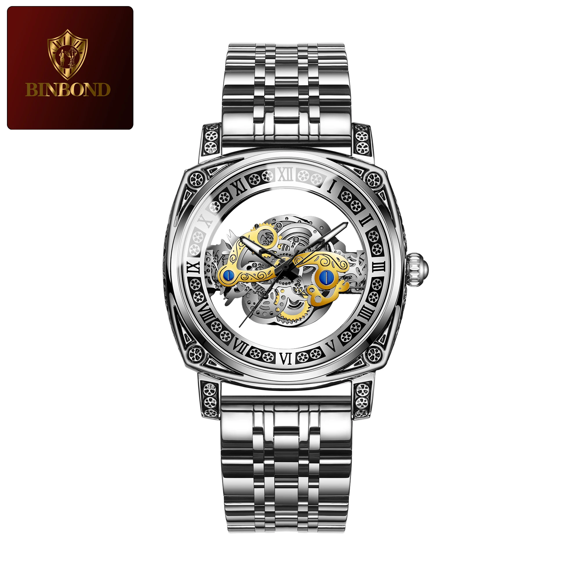 أعلى العلامة التجارية الفاخرة الأزياء ووتش الرجال الفولاذ المقاوم للصدأ حزام الرياضة الأعمال أزياء عارضة جولة مؤشر جوفاء ساعات كوارتز B432