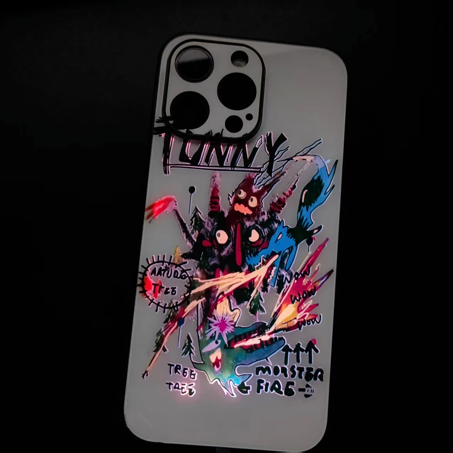 Fashion Monster Graffiti Glowing Light Phone Case for iPhone 15 16 Plus 11 14 13 11 12 17 Pro Max Glass Shell Funda LED Cover