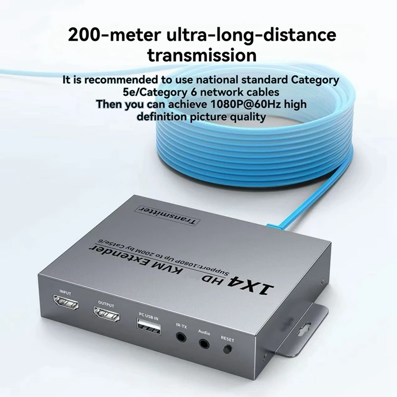 DT21 KVM Extender Splitter 1 to 4, 1080P -Compatible Transmitter Receiver for Laptop TV, EU Plug, 200M via Cat5e/6, Iron Shell
