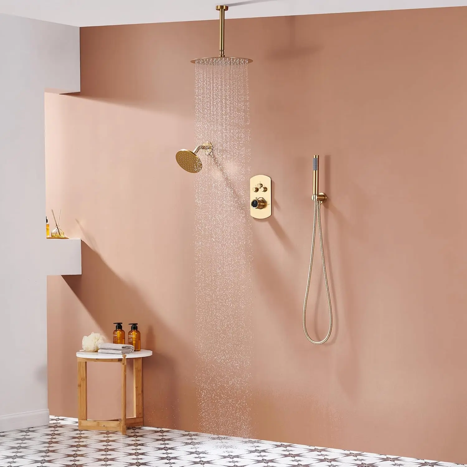 Mondawe 12 Inch Ceiling Mounted Shower System In Brushed Gold, 3-Functions Shower Faucet Set With Rainfall Dual Shower Head And