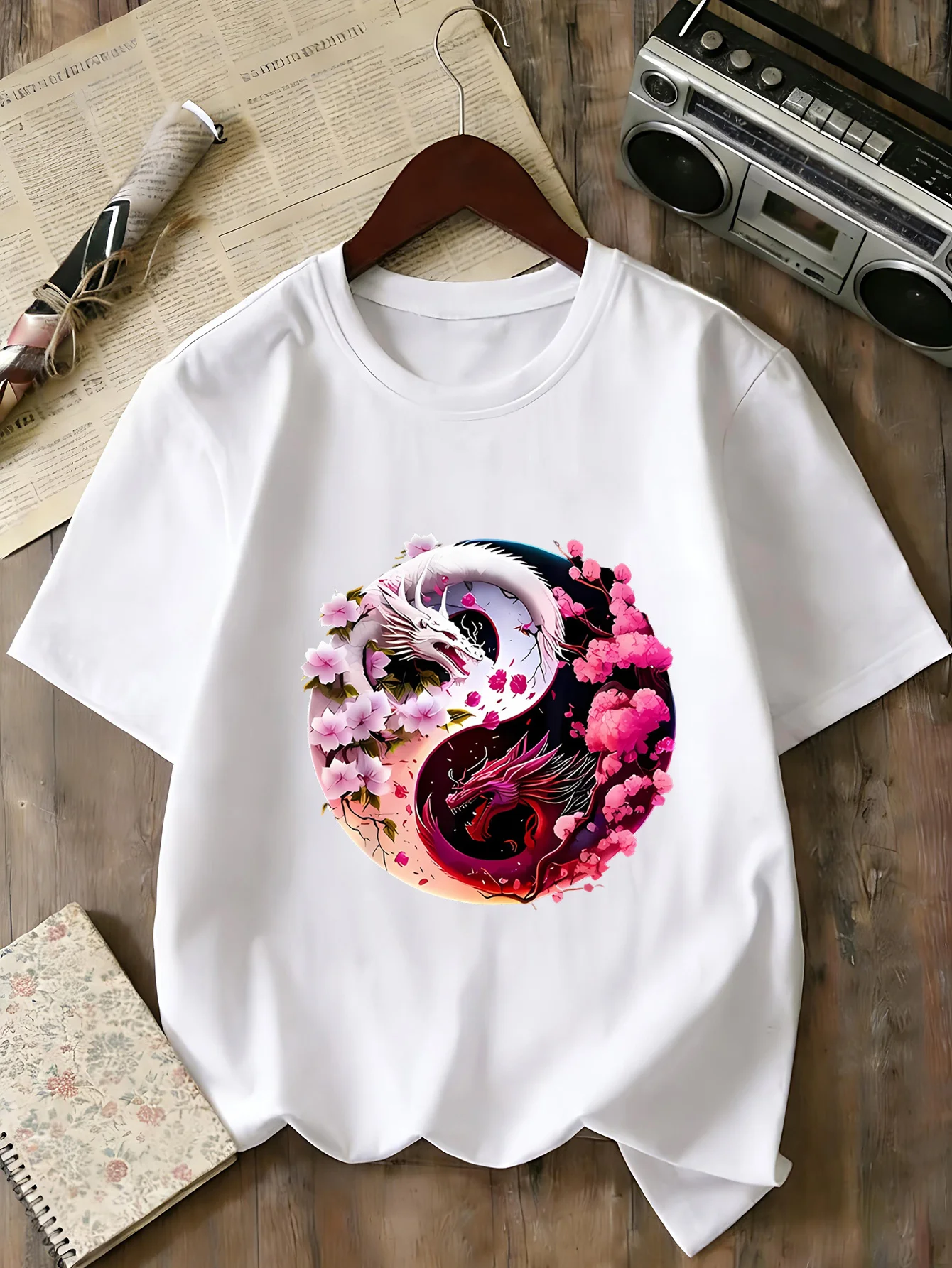 Kids Family Matching T Shirt Yin Yang Dragon Cherry Blossom Print Short Sleeve Cotton Tops For Boys Girls Daily Casual Outfit