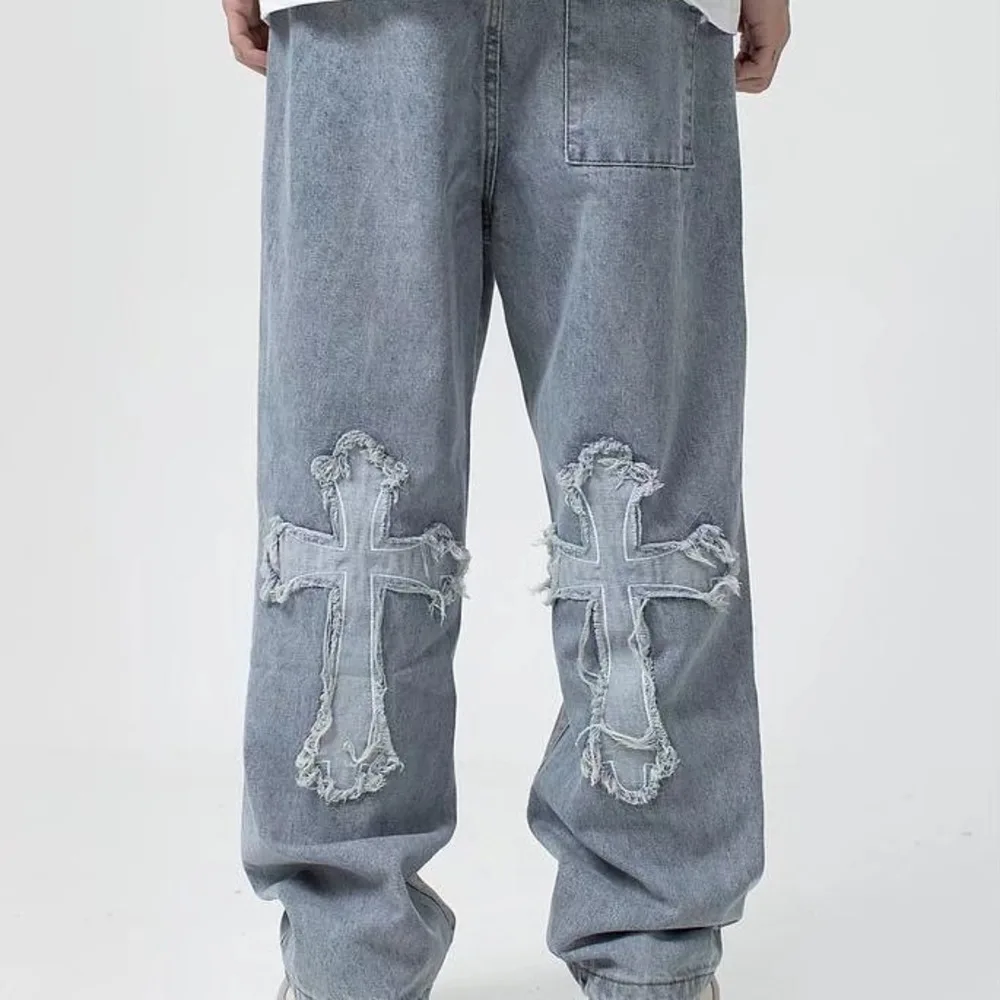 джинсыMen Streetwear baggy jeans trousers Cross hip hop Mens Loose Jeans Pants Women oversized Boyfriend Jeans Denim Jeans