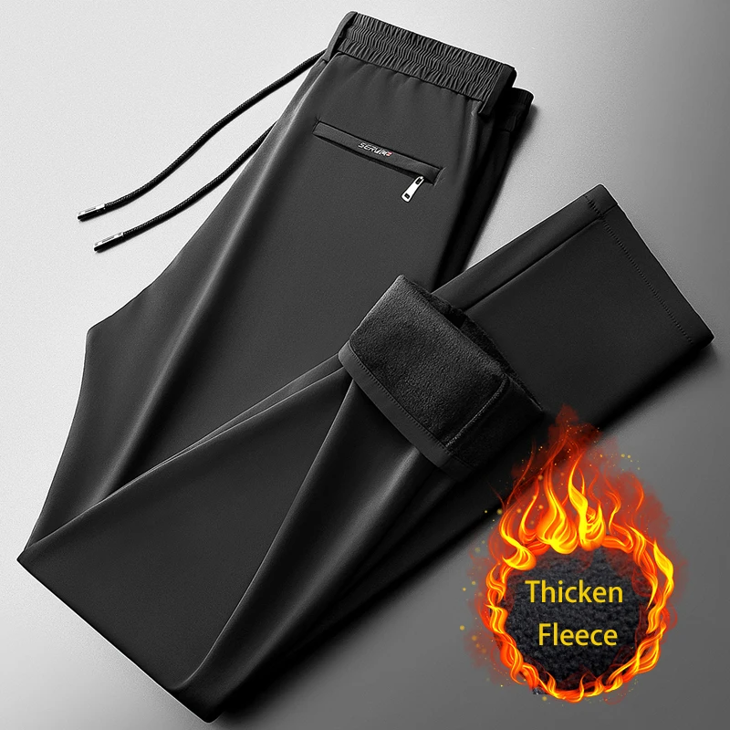 BROWON Brand 2025 Winter Pants Men Warm Fleece Black Elastic Waist Smooth Anti Wrinkle Sport Hiking Trouser Men New in Pants