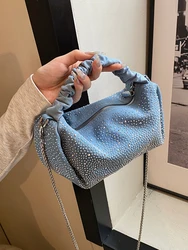 Women's Party Diamond Denim Bag 2024 New Fashion Design Chain Crossbody Bag Single Shoulder Pouch Blue Pleated  Handbag