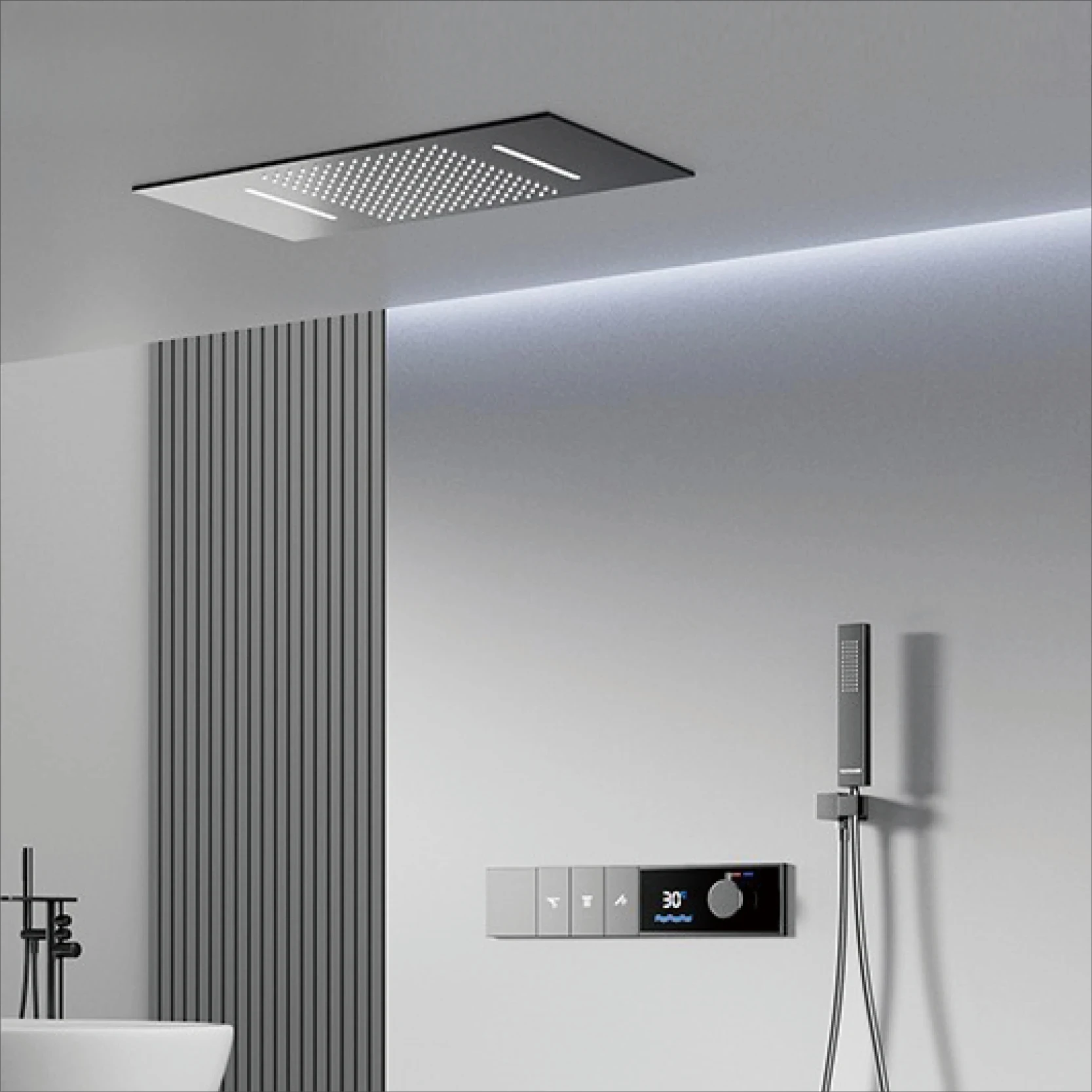 

Роскошный латунный пистолет, серый термостатический светодиодный цифровой дисплей, 3 режима распыления, душевая система. Встроенный в потолок водопадный смеситель для ванны