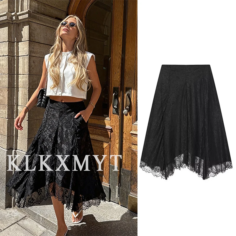 Women Sexy Lace Splice Skirts 2025 Women Summer New Fashion Lace Asymmetric Hem Skirts Women Elegant High Waist Skirts